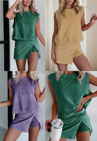 4 women each wearing a matching skirt set: purple, yellow and green.