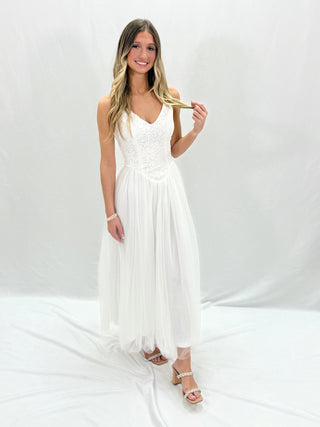 White Embroidery Skirt Midi Dress