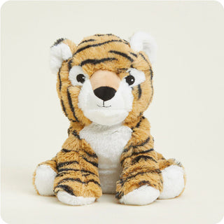 A plush tiger with a soft, microwavable design, filled with natural grains and French lavender, intended for warmth and comfort.