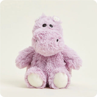 A plush purple hippopotamus with a soft texture, designed for comfort and warmth, featuring white accents on its feet and a safe, child-friendly design.