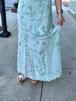 Sage Floral Print Lace Detail Dress