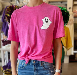 A pink shirt with a white ghost on the front & 'hey boo' on the back.