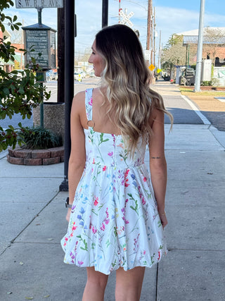 White Floral Bubble Bottom Mini Dress