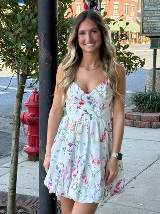 White Floral Bubble Bottom Mini Dress