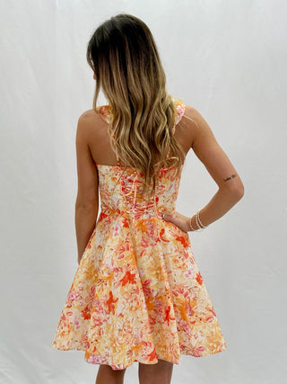 Floral Yellow Crotchet Mini Dress
