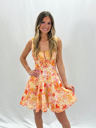 Floral Yellow Crotchet Mini Dress
