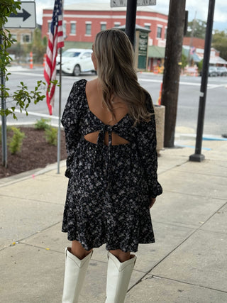 Floral Frilly Black Mini Dress