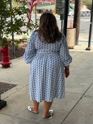 Balloon Sleeve Blue/White Dress