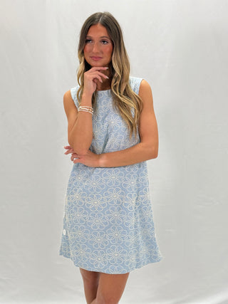 Blue Embroidery Floral Mini Dress