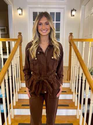 A dark oak brown jacket paired with matching pants