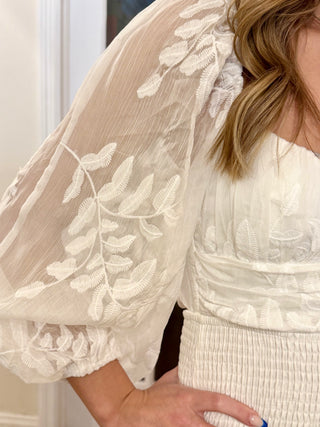 Embroidered Puff Sleeve White Mini Dress