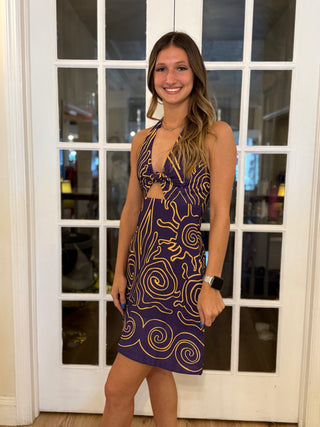 Abstract Purple Gold Halter Dress