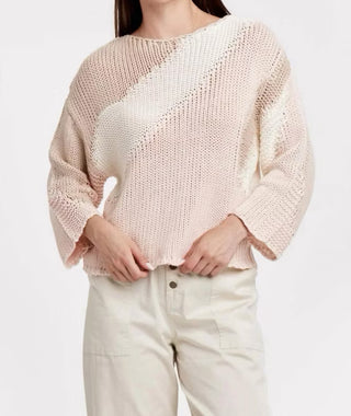 Person wearing a light pink knit sweater and white pants on a plain background