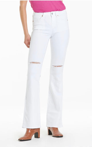 A pair of white, high-waisted, slim-fit Jaxtyn jeans with a frayed hem.