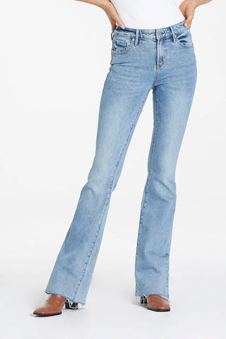 A pair of blue bootcut jeans, displayed against a white background.