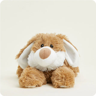 A plush brown bunny with white inner ears and a brown nose, designed to be microwavable for warmth.