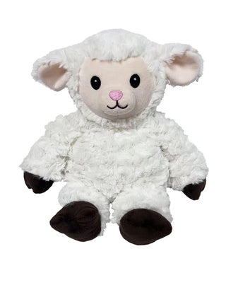 A plush white sheep with black foot pads, designed for heating and cooling purposes.