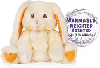 A plush white bunny with orange ears, labeled as 'Warmable, weighted, scented stuffed animal'.