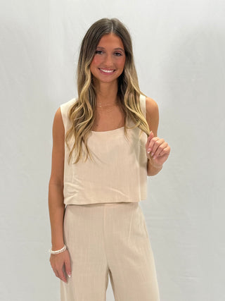 Beige Sleeveless Solid Set