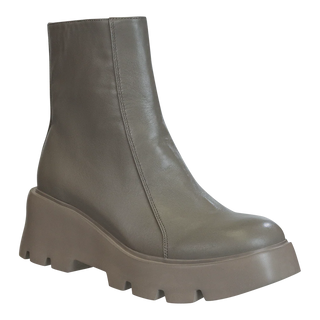 Gray ankle boot with chunky sole on a white background