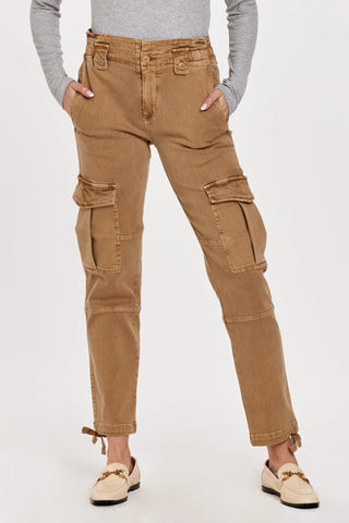 Tan cargo pants worn by a person on a white background