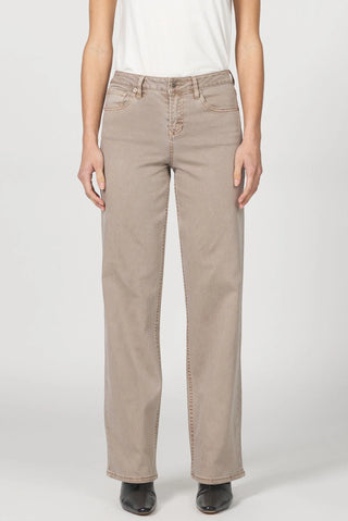 Beige jeans worn by a person on a white background