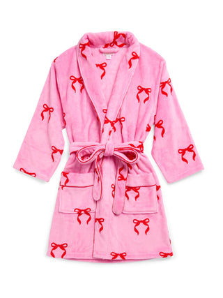 Pink robe with red bow patterns on a white background