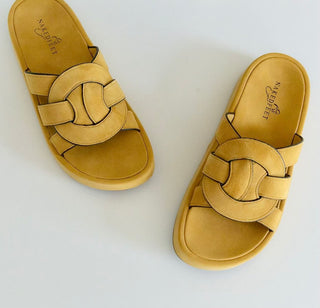 A pair of yellow sandals with straps, placed on a white background.