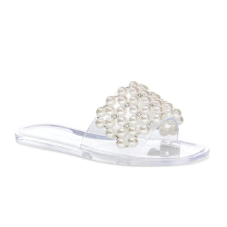Clear flat jelly sandal with pearls and rhinestones on strap