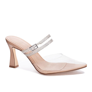 Clear vinyl pointed toe with two rhinestone straps