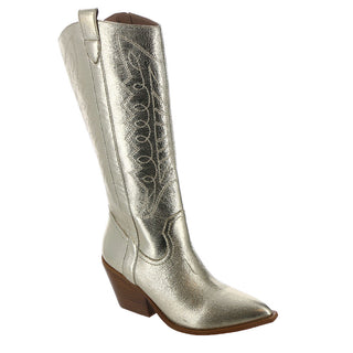 A gold metallic leather boot with a decorative heel and embossed details.
