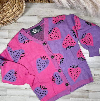 Half purple, half pink strawberry cardigan