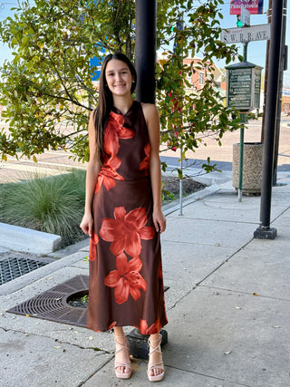 Floral Print Brown Rust Midi Dress