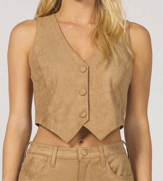 Suede v-neck brown vest with three buttons down the middle