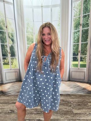 Polka Dot Sky Blue Denim Romper
