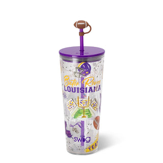 A clear 24 oz insulated tumbler with a purple lid and a brown football-shaped straw. The tumbler features 'Baton Rouge LOUISIANA' in purple and yellow, along with purple and gold football graphics, including a helmet, field goal, and touchdowns.