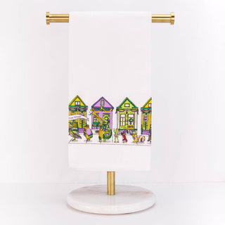 Colorful cartoon houses on a stand with a white background