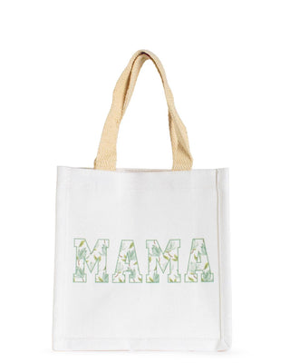 White tote bag with 'MAMA' printed on it and beige handles on a white background