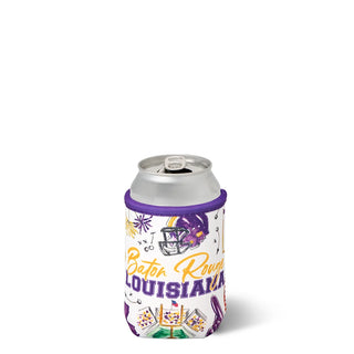 A silver aluminum can inside a white can cooler sleeve featuring purple and yellow Louisiana Baton Rouge football graphics, shown on a white background.