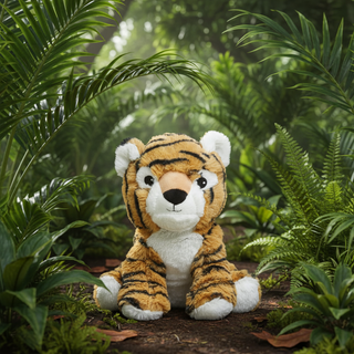 Plush tiger toy in a forest setting