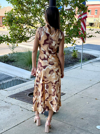 Brown Multi Fitted Midi Dress