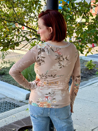 Henley Taupe Floral Mesh Top
