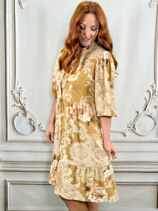 Linique Floral Khaki Midi Dress