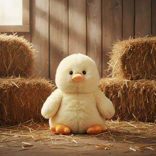 Plush chick toy in a barn setting with hay bales