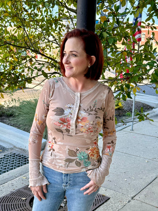 Henley Taupe Floral Mesh Top