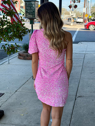 Pink Sequin One Shoulder Mini Dress