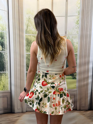 Strawberry Print Tiered Cream Skirt