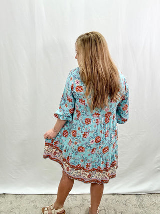 Floral Ruffled Blue Dress