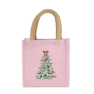 Pink jute bag with a Christmas tree design and bow on a white background