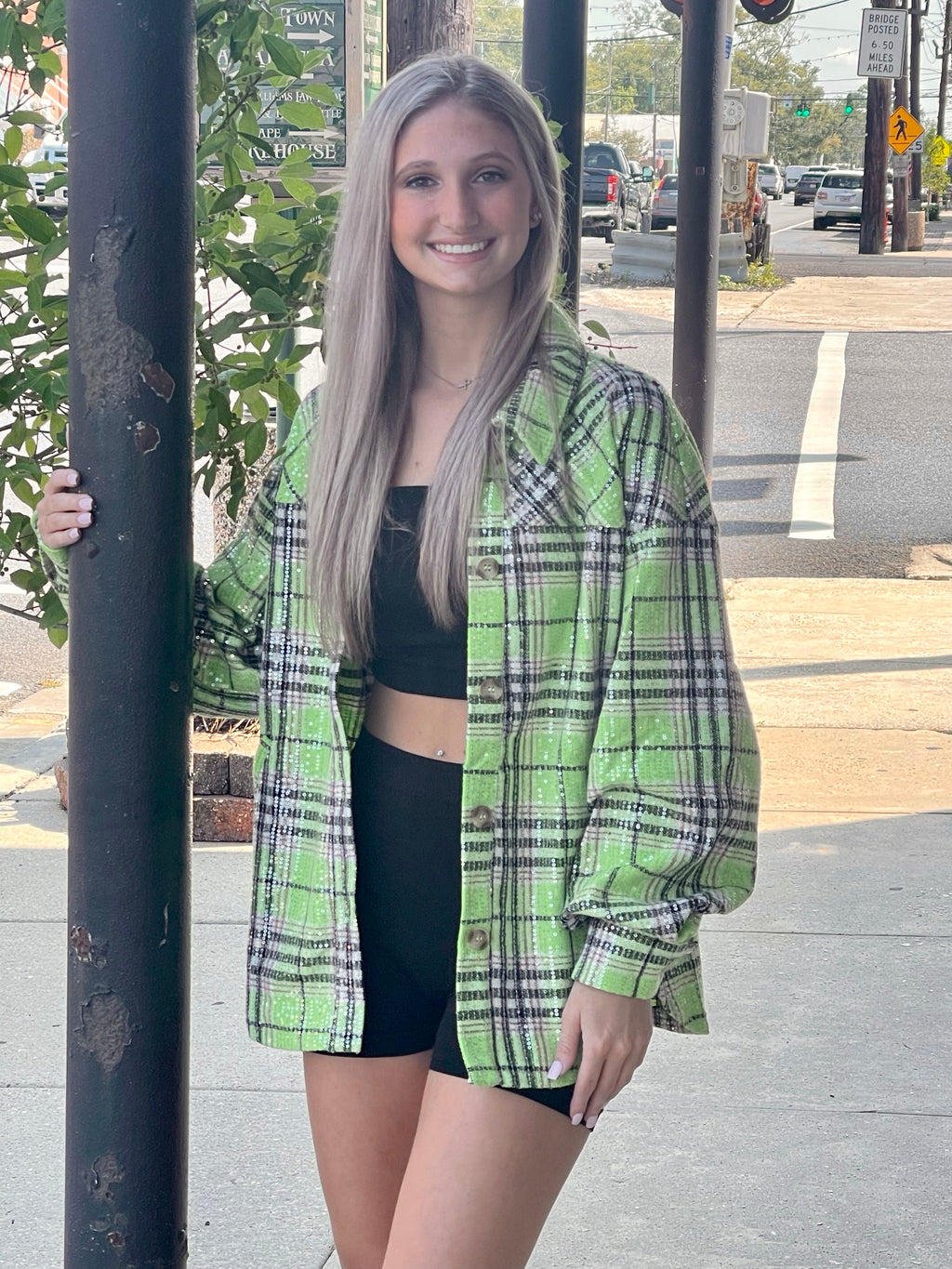 Green Sequin Plaid Shacket